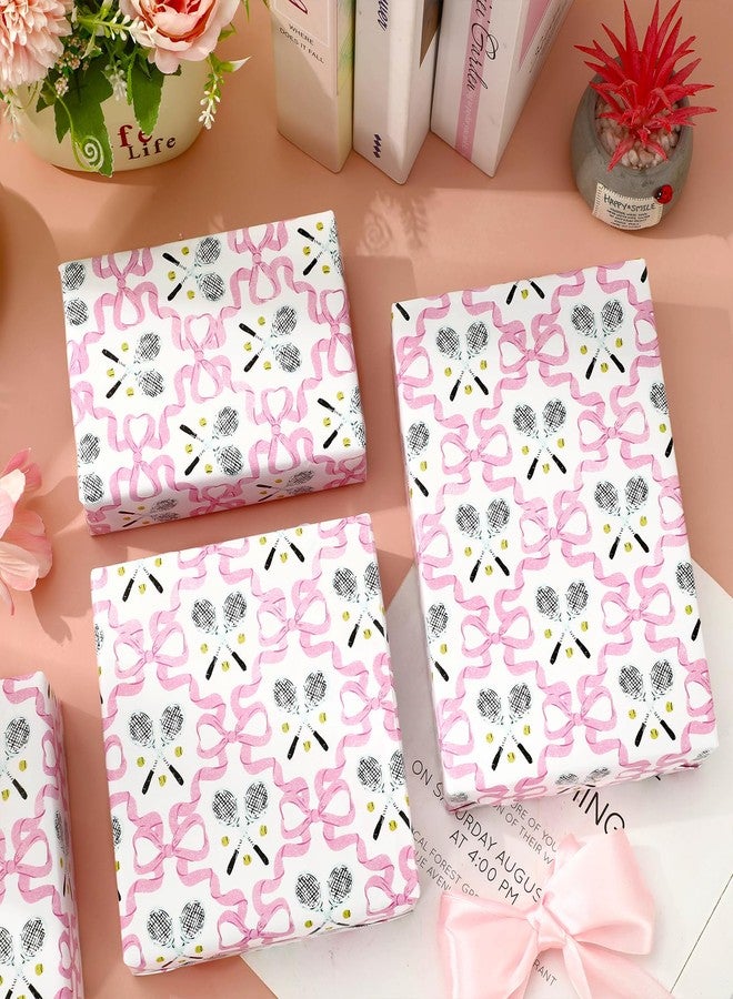 JarThenaAMCS ورق تغليف هدايا JarThenaAMCS وردي اللون بفيونكة - لفة صغيرة - 17 بوصة × 32.8 قدم، ورق تغليف هدايا على شكل مضرب تنس، ورق فني مزخرف لحفلات أعياد الميلاد والأعمال اليدوية - Image 4